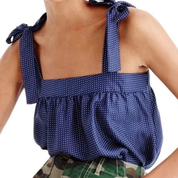 J Crew Tie Shoulder Silk Top Polka dot Navy Blue White Tank Cami Zip Bow 12 - Picture 3 of 16